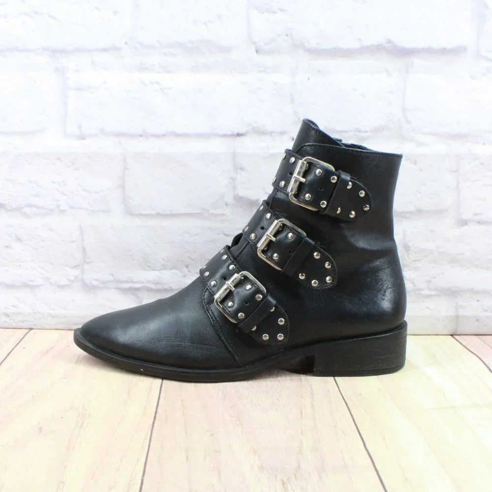 Steven Maden New York Harmon Black Leather Studded Buckle Booties Size 8 M - Picture 1 of 11